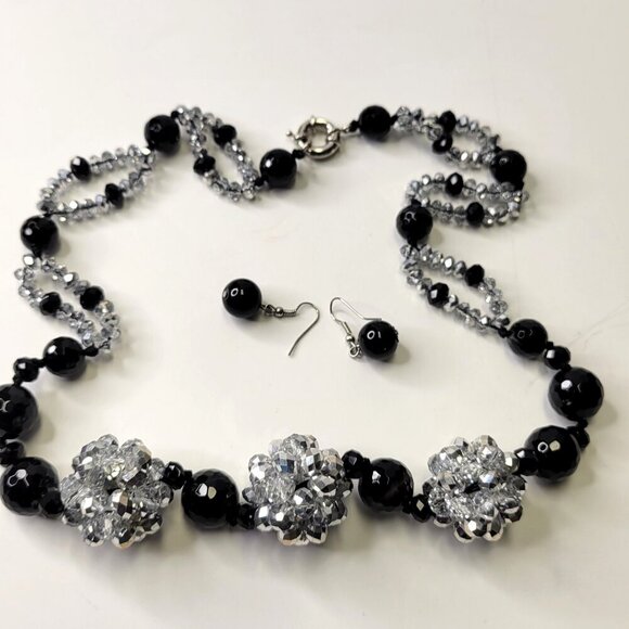 Clear Glass Crystal and Black Bead Necklace Set with Earrings - Picture 2 of 9
